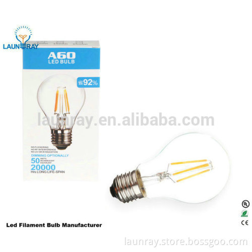 A19 A60 E26 E27 4W 6W 8W LED Filament Bulb Dimmable Lamp Energy saving light with UL listed